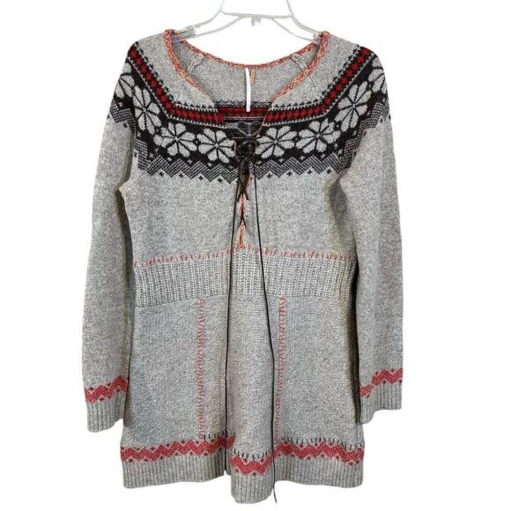 Free People Womens Sweater Dress Gray Sz Medium Wool Nordic Snowflake Fair Isle